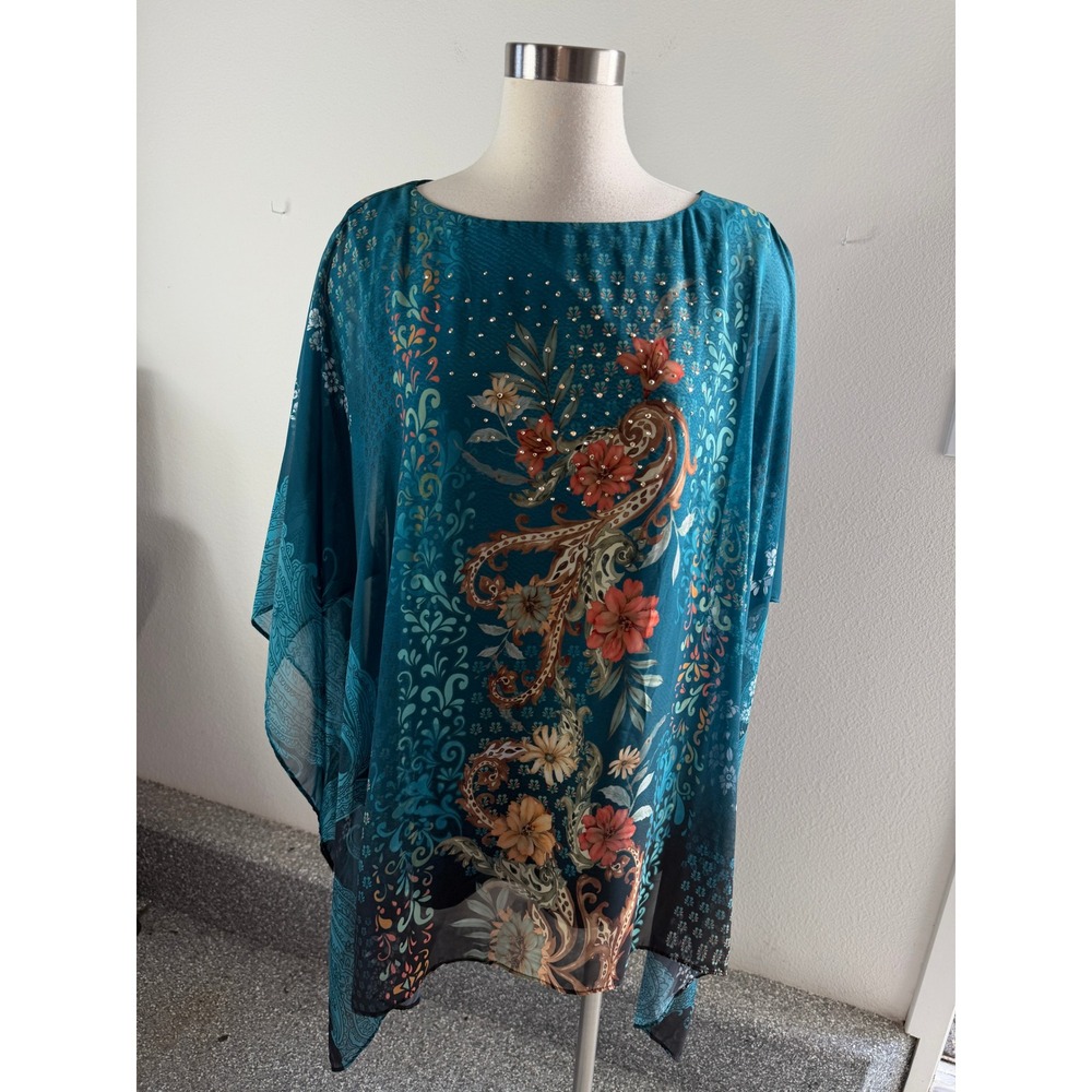 JM Collection Womens Plus 1X Teal Floral Rhinestone Kaftan Top Butterfly Sleeve